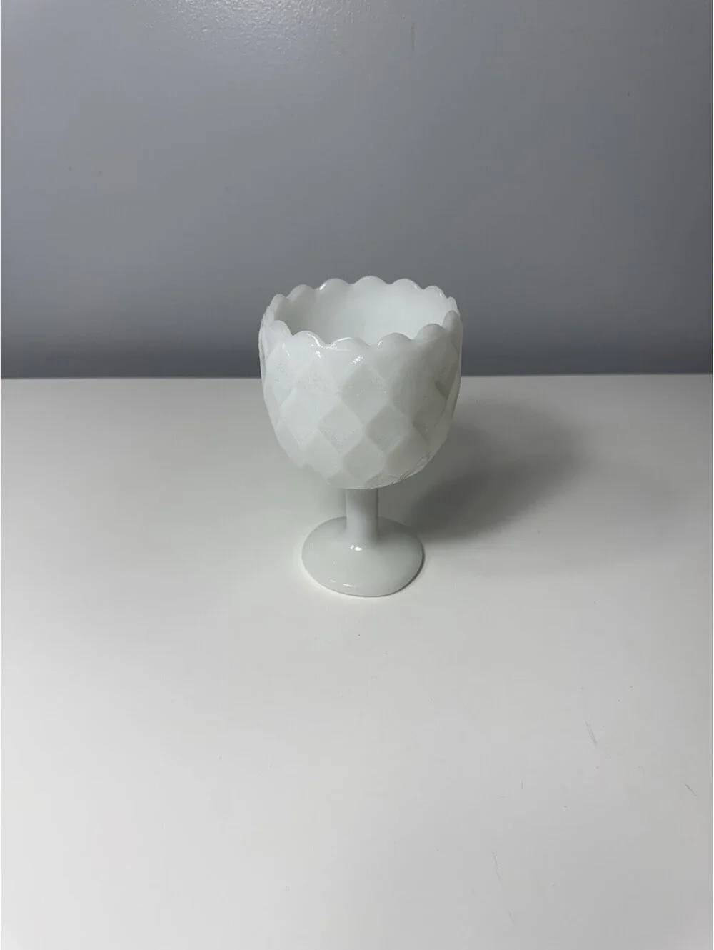 VTG Diamond Quilted White Milk Glass Water Wine Goblet Compote Pedestal 6.25” H